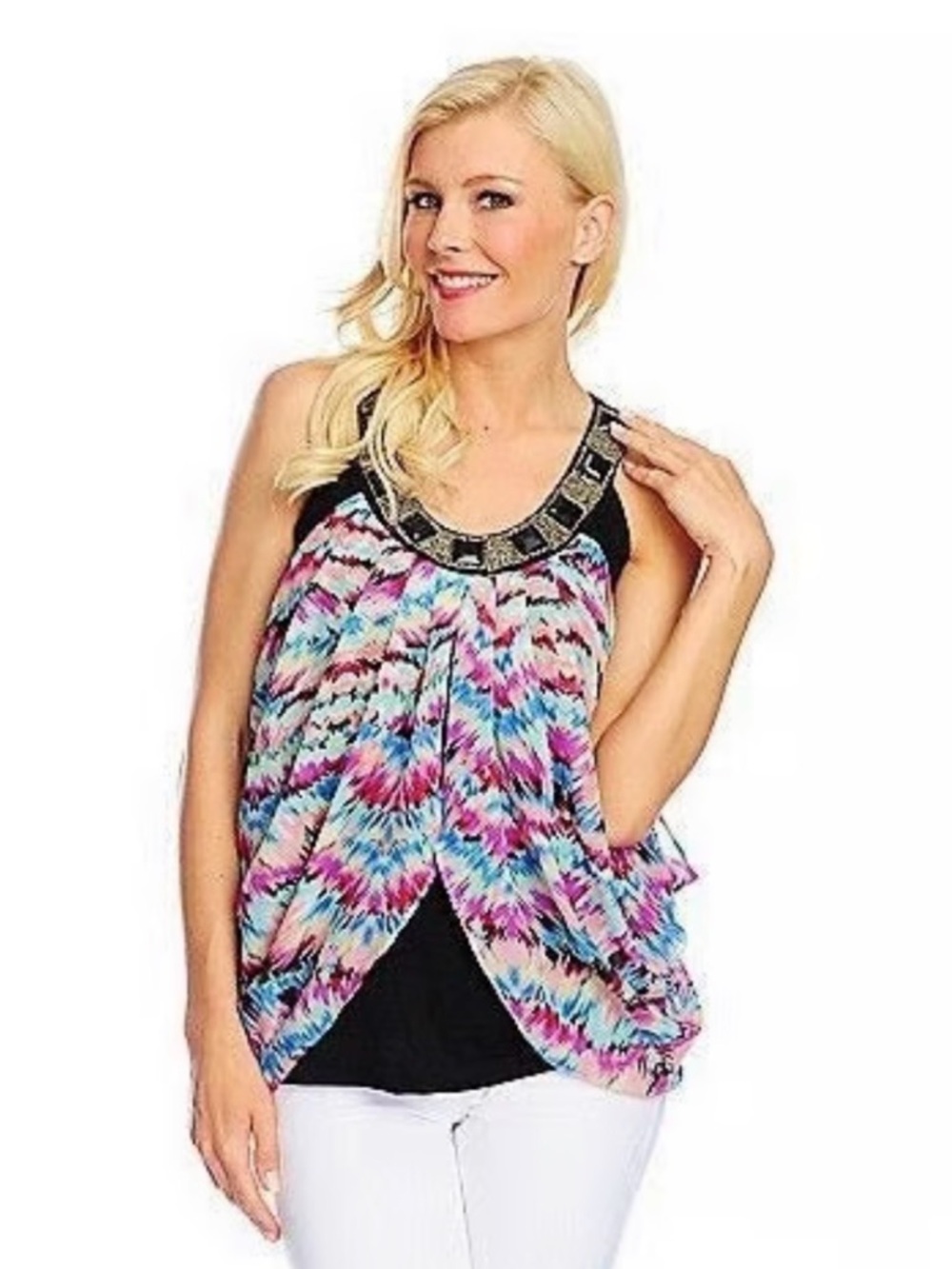 Women’s Multicolor Printed Tank Top with Embellished Neckline